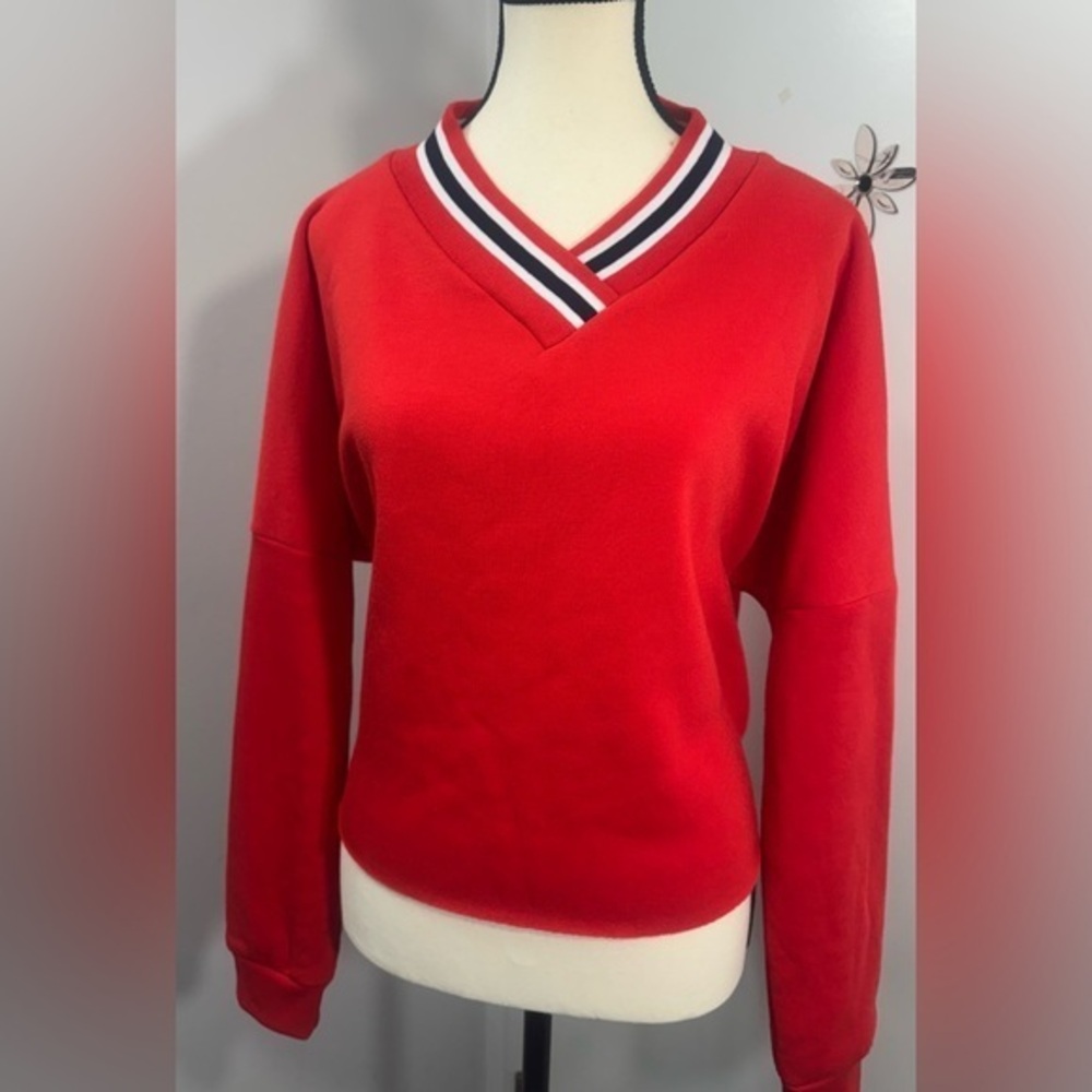 Primark Women Soft V Neck Sweatshirt Crop Red Long Sleeves Pullover Size S